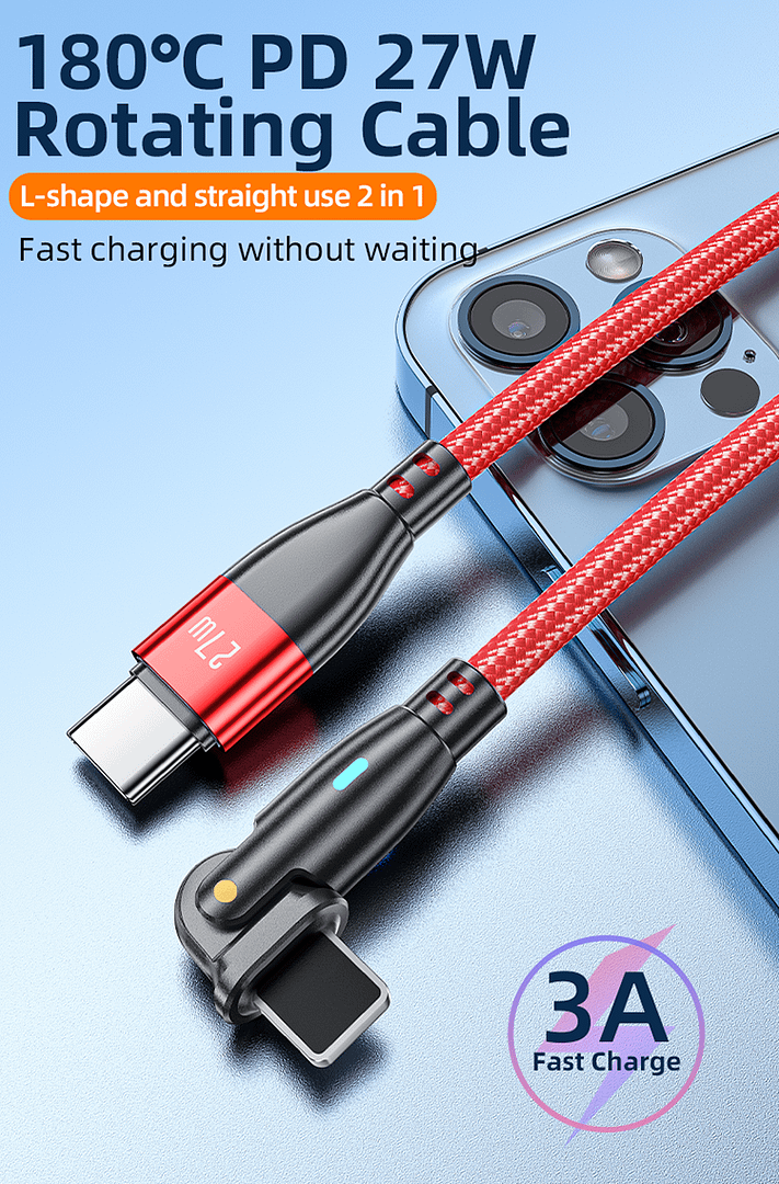 USB C to 8P Fast Charging Cable PD 27W 180 Degree Rotation Data Transmission Cable for Laptop & Phones