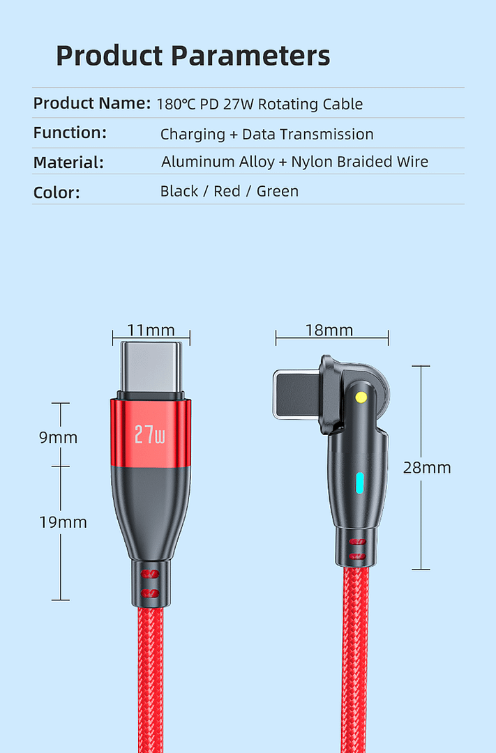 USB C to 8P Fast Charging Cable PD 27W 180 Degree Rotation Data Transmission Cable for Laptop & Phones
