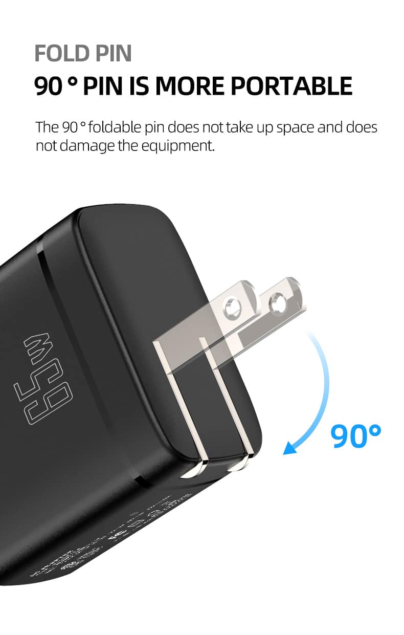 super fast charger 65w ac dc chargeur pd type c gan thin universal travel adapter 65w charger with ETL FCC for mobile and laptop
