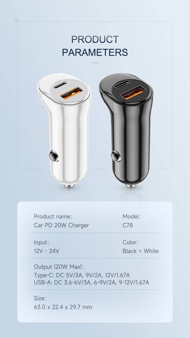 2023 New Product Usb18W & Pd20W With Package Car Charger 20W Type-C Quick Car Charger