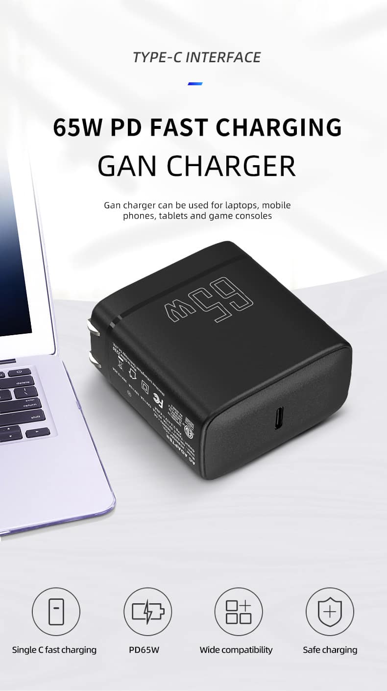 super fast charger 65w ac dc chargeur pd type c gan thin universal travel adapter 65w charger with ETL FCC for mobile and laptop
